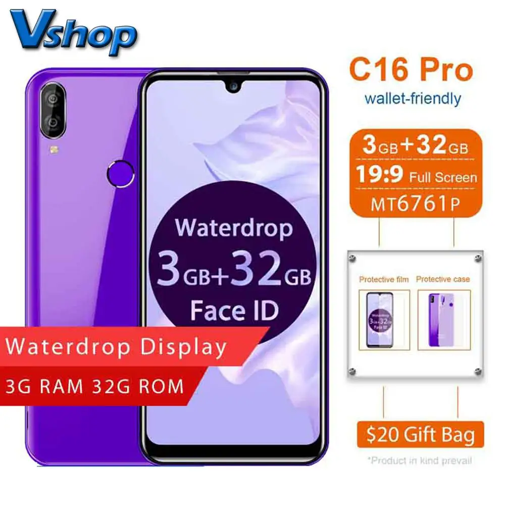 

OUKITEL C16 Pro Smartphone 3GB 32GB MTK6761P Quad Core 5.71" Waterdrop Screen 19:9 Fingerprint LTE 2600mAh Face ID Mobile Phone