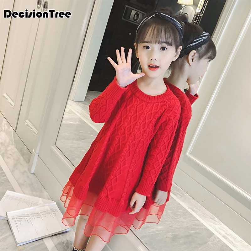 

2019 new kids dress girls knitted sweater pullovers crochet tutu dresses tops clothes solid warm baby girl dress