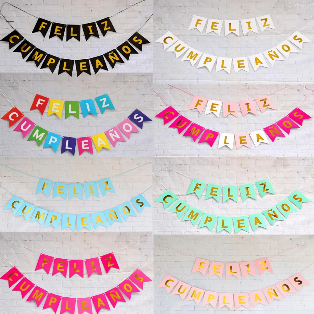 

1set Paper spanish language Banners Happy Birthday Bunting Garland Swallowtail Flags Baby Shower Birthday Party Decoration kids