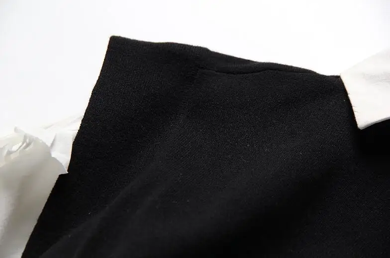Для женщин 2 шт. 1 комплект Хай-стрит оборками дерево уши белая рубашка платье на шнуровке черный вязаный свитер жилеты femme Vestido