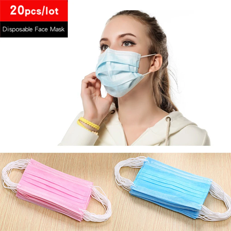 

20pcs Disposable Anti Dust Haze Face Mask 3 Layers Non Woven Medical Earloop Mouth Protective Masks Respirator Running Cycling