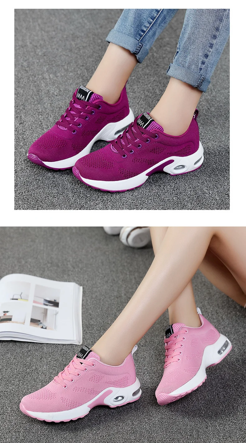Женская теннисная обувь с воздушной подушкой; фиолетовая обувь; zapatos mujer; дышащие сетчатые кроссовки на шнуровке; мягкая женская спортивная обувь для бега