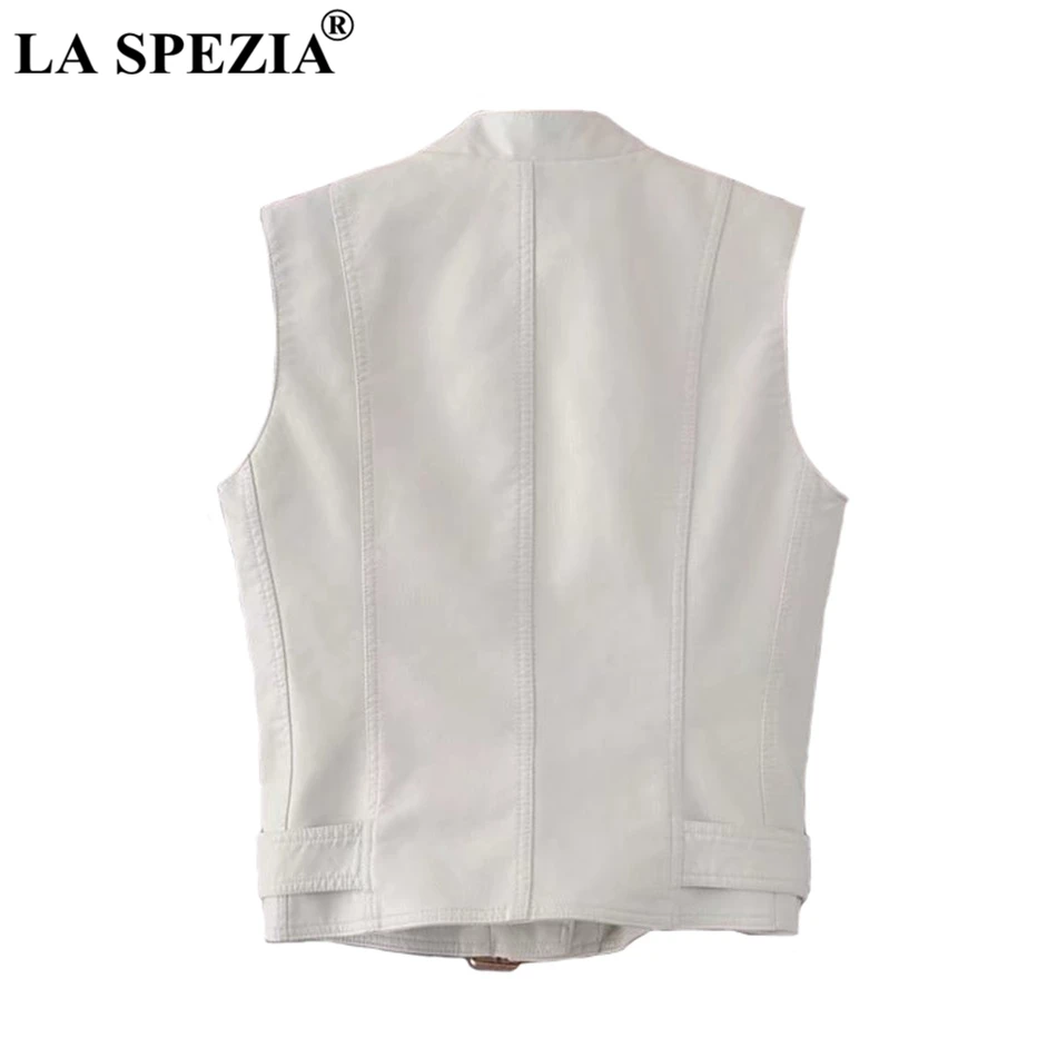 LA SPEZIA Biker Vest Women White Street Motorcycle Waistcoat Ladies Belt Faux Leather Zipper Pockets Autumn Sleeveless Jackets