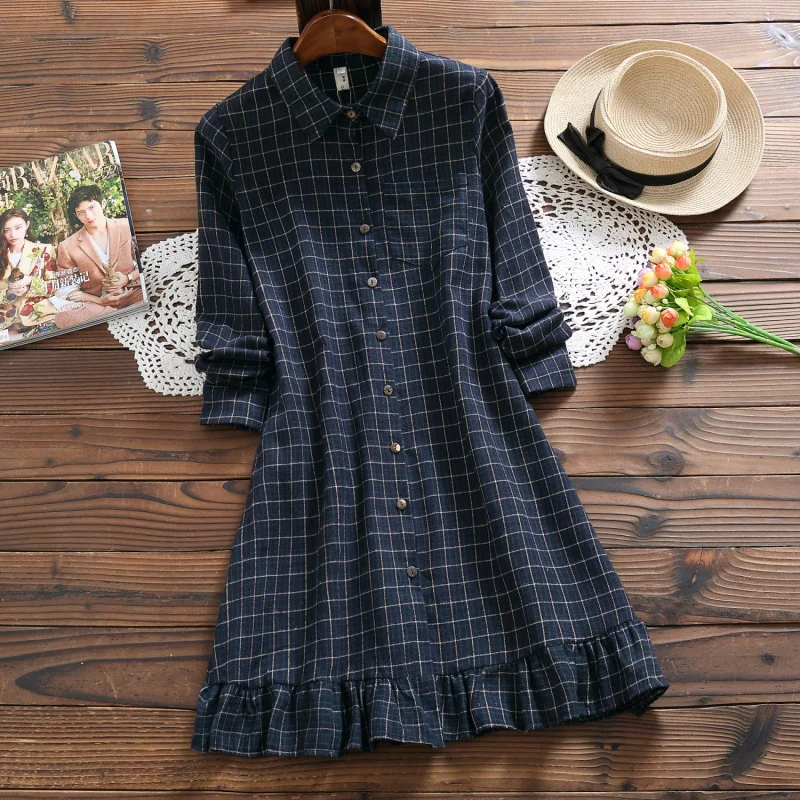 

Mori Girl Autumn Winter Shirt Dress Plaid Cotton Linen Lolita Style Mini Dress Elegant Vintage Ruffles Sweet Cute Women Dresses