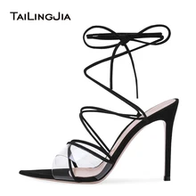 Sexy High Heel Black Strappy Women Clear Sandals Ladies Heeled Summer Pointed Toe Transparent Shoes Stiletto Heels Ankle Wrap цена Sexy High Heel Black Strappy Women Clear Sandals Ladies Heeled Summer Pointed Toe Transparent Shoes Stiletto Heels Ankle Wrap цены онлайн