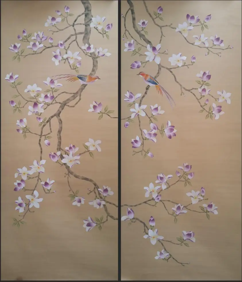 

Classic style elegant Hand painted doupion silk wallpaper painting Magnolia with bird wallcovering many arts/background optional