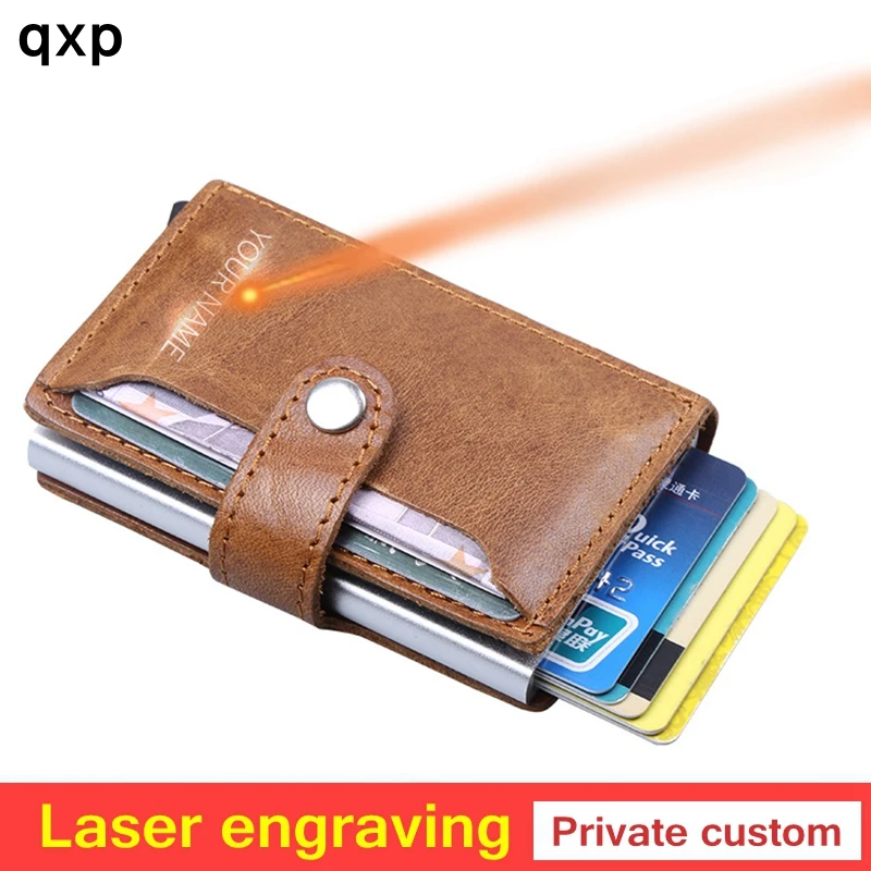 

Men Blocking Rfid Wallet Mini 100% Genuine Leather Business Aluminium Credit Card Holder Purse Automatic Pop Up Card Case
