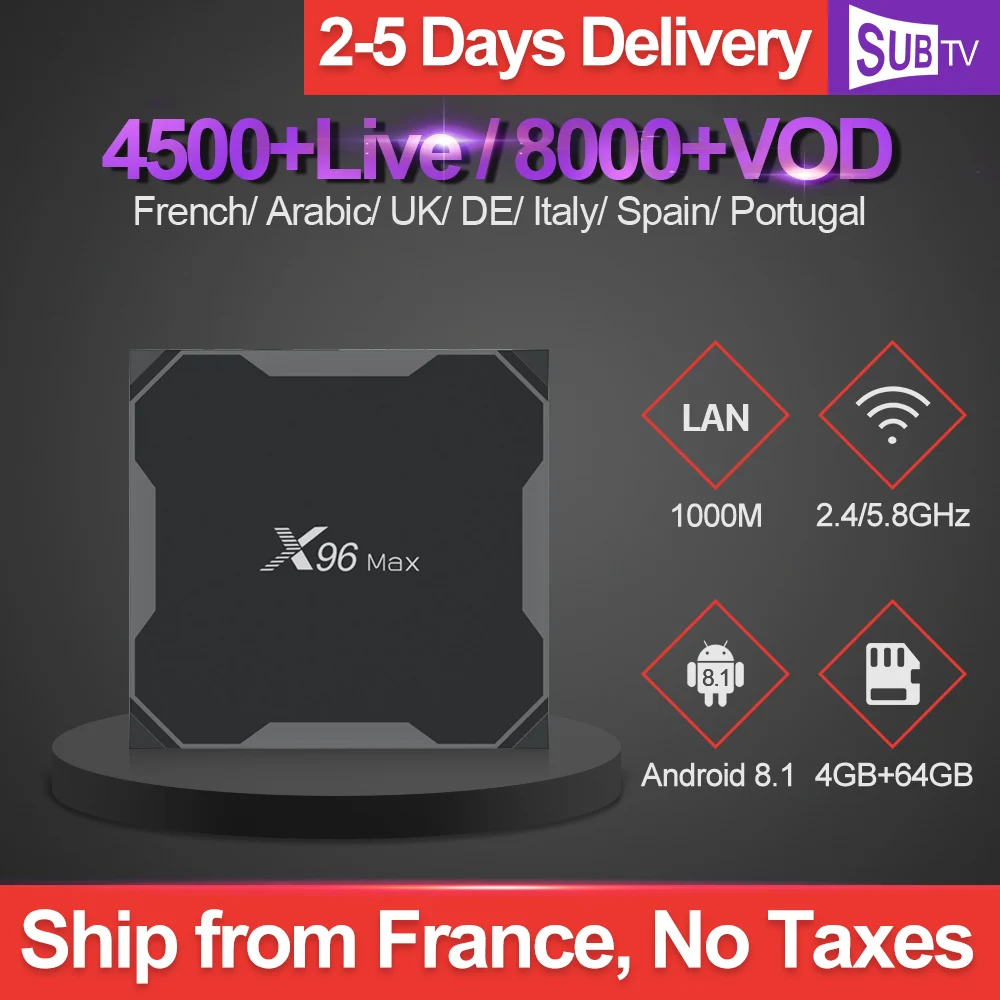 Iptv France X96 MAX Tv Box Android 8.1 4GB 64GB S905X2 With 1 Year SUBTV Code French Portugal UK Italy Arabic Iptv Subscription Iptv France X96 MAX Tv Box Android 8.1 4GB 64GB S905X2 With 1 Year SUBTV Code French Portugal UK Italy Arabic Iptv Subscription