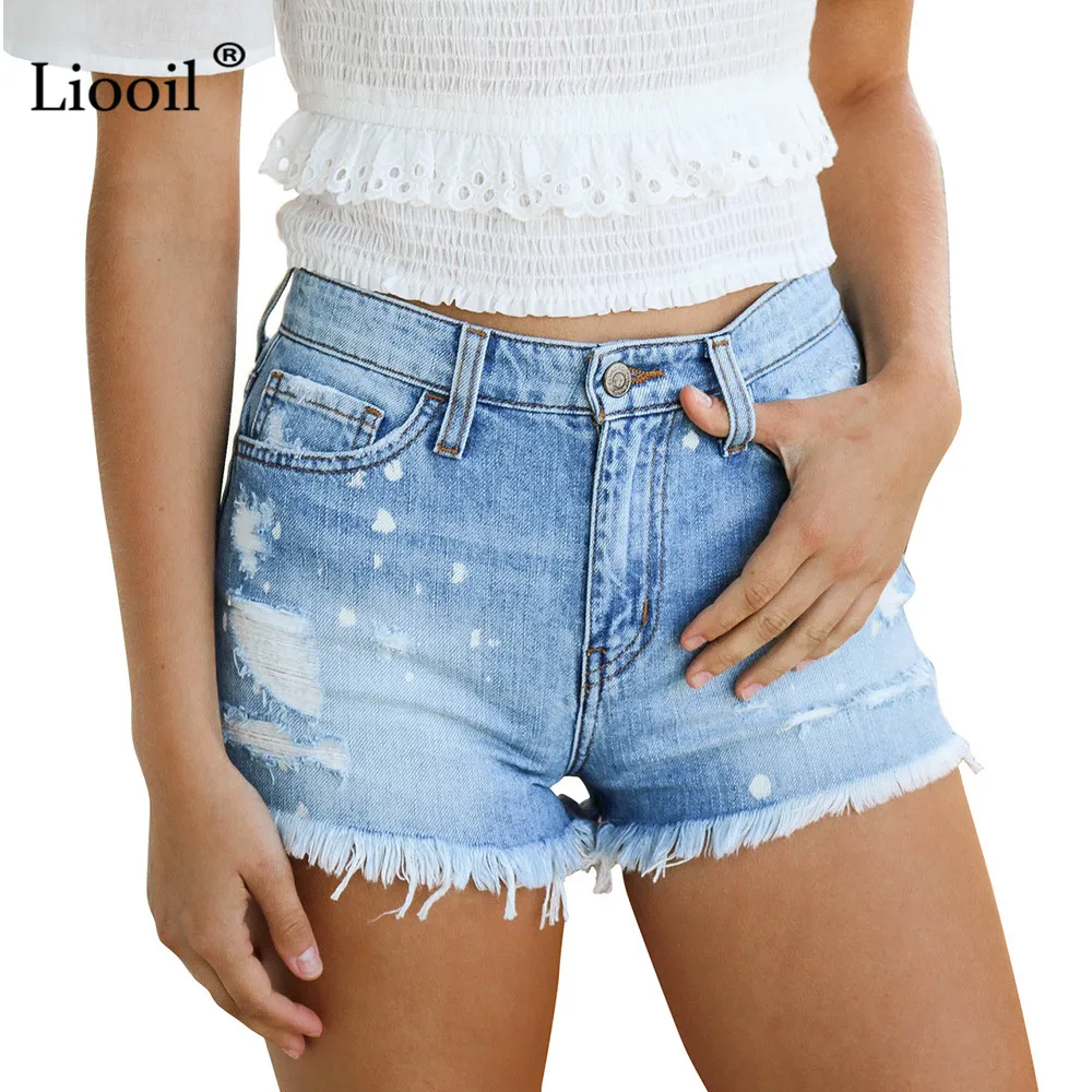 

Liooil Blue Plus Size Hole Shorts Women Casual 2019 Cotton Sexy Rave Jean Short Fashion Mid Waist Pocket Tassel Denim Shorts