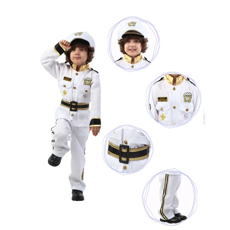 

White Navy Uniform Halloween Sailor Role Playing Costume Children White Policeman Uniform in Carnival Fancy Dress Party with Hat