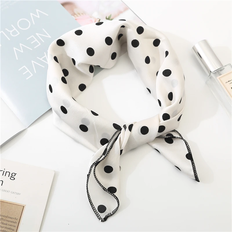 Square Scarf Hair Tie Band For Business Party Dots Print Women Elegant Small Vintage Skinny Retro Head Neck Silk Satin Scarf