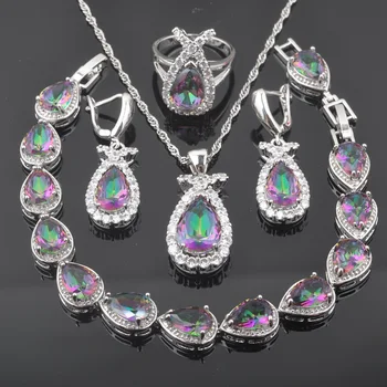 

Water Dtrop Rainbow Zirconia Silver Color Jewelry Sets For Women Wedding Bracelet Pendant Earring Ring Bridal Gift QS0572