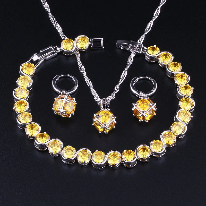 

Love Monologue New Yellow Crystal Cubic Zirconia Silver Gold Color Necklace Pendant Earrings Bracelets 4PCS Jewelry Sets X0348