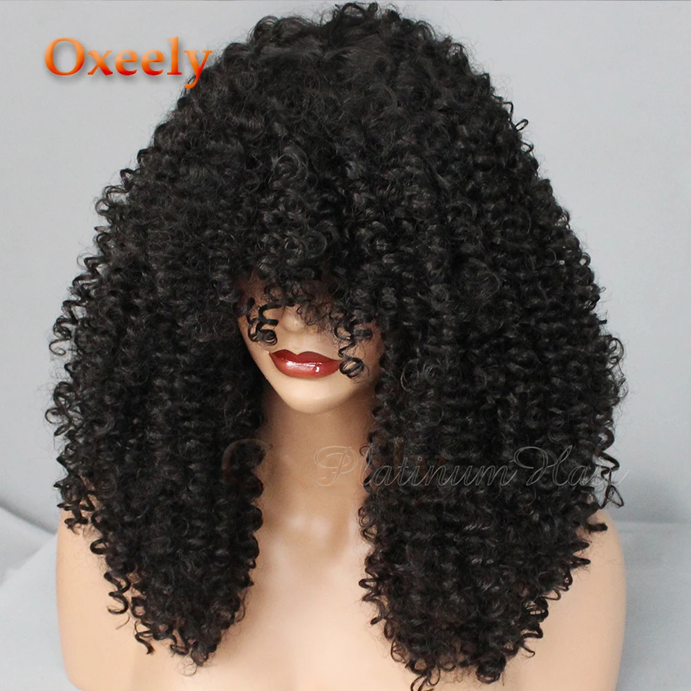 Oxeely Curly Hair Synthetic No Lace Wig Natural Black Afro Curls Kinky Curly Wig Glueless Fiber Hair Wigs for Black Women