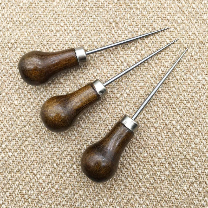 1Pc Professional Leather Wood Handle Awl Tools Sewing Accessories