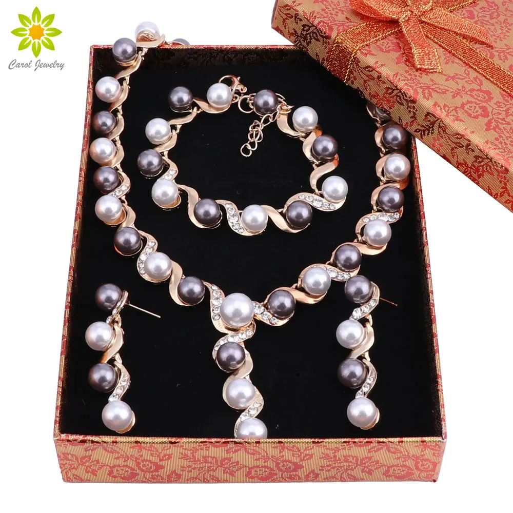 Мода Имитация Перл Цепочки и ожерелья Браслет Серьги Наборы для ухода за кожей прозрачный кристалл золотой Цвет Для женщин Свадебные украшения Наборы для ухода за кожей с подарком Коробки