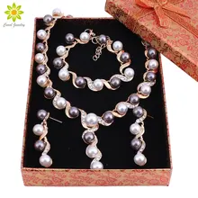 Мода Имитация Перл Цепочки и ожерелья Браслет Серьги Наборы для ухода за кожей прозрачный кристалл золотой Цвет Для женщин Свадебные украшения Наборы для ухода за кожей с подарком Коробки
