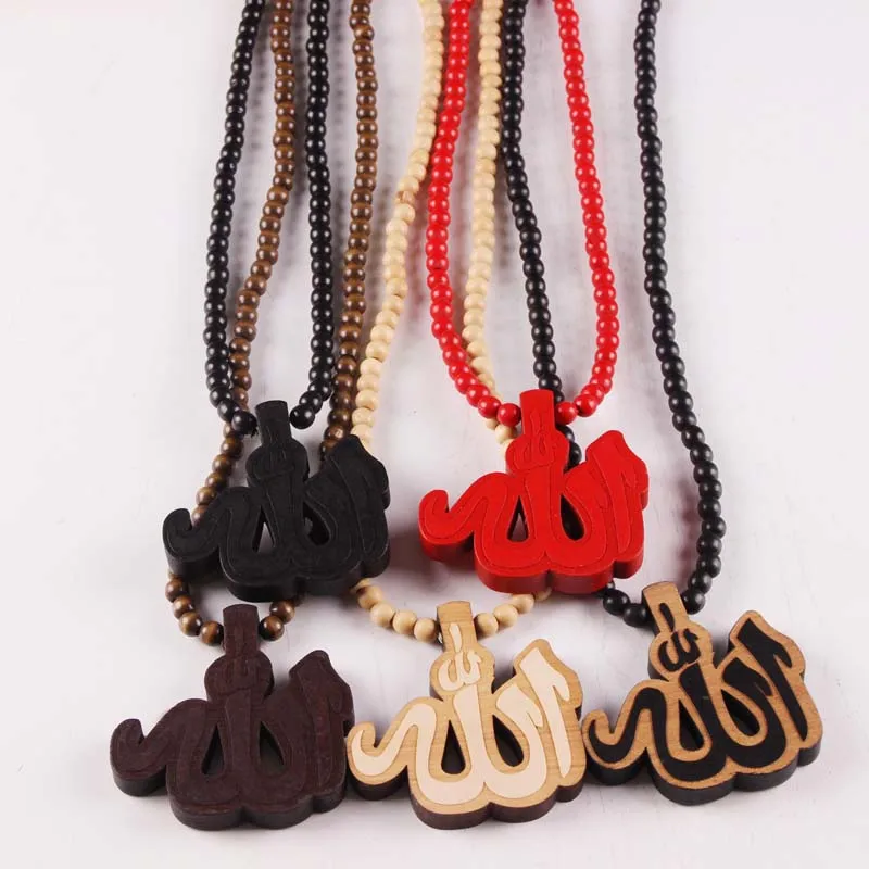 

Free Shipping Wooden Rosary Allah Good Wood Hip Hop Jewelry 5 Colors Necklace Wholesale Jasw112