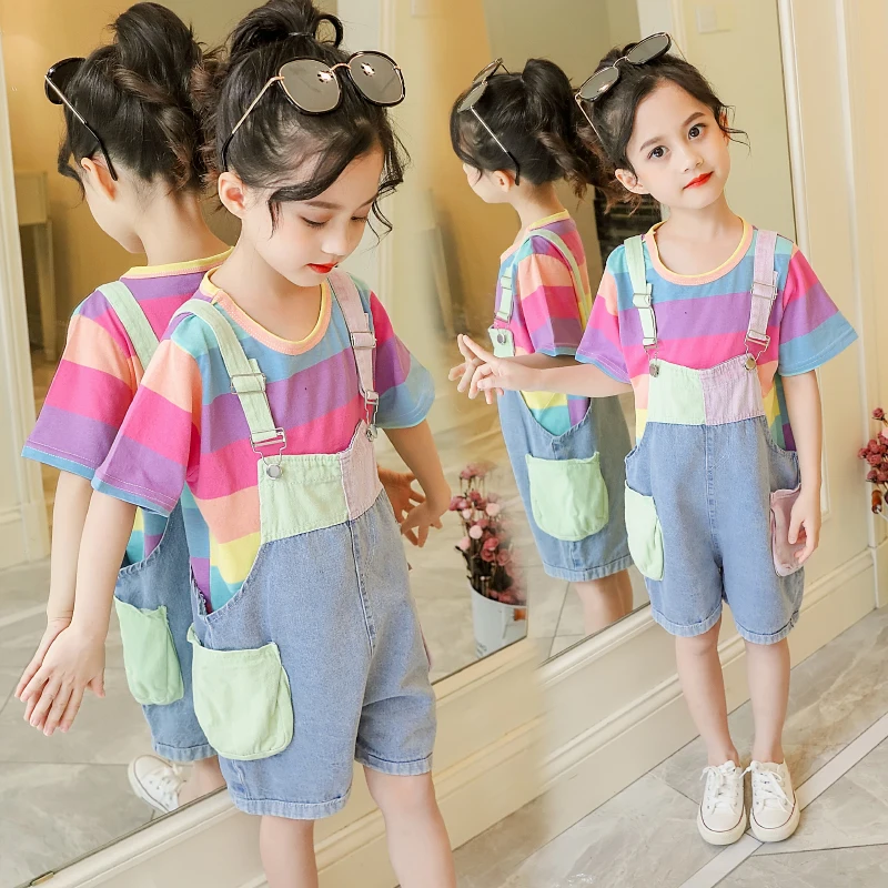 

Baby Kids Girls Sets Summer Short Sleeve Rainbow Striped T-shirts + Denim Overalls Suits Fashion Kids Clothes 6 8 10 12 Years