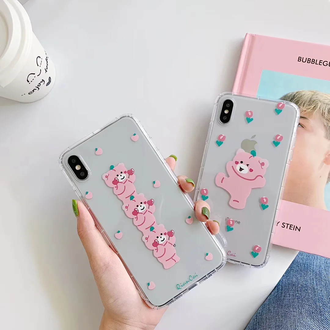 

INS Cartoon Korea cute bear pink phone case For iphone Xs MAX XR X 6 6s 7 8 plus flowers fruit clear soft TPU back Cover