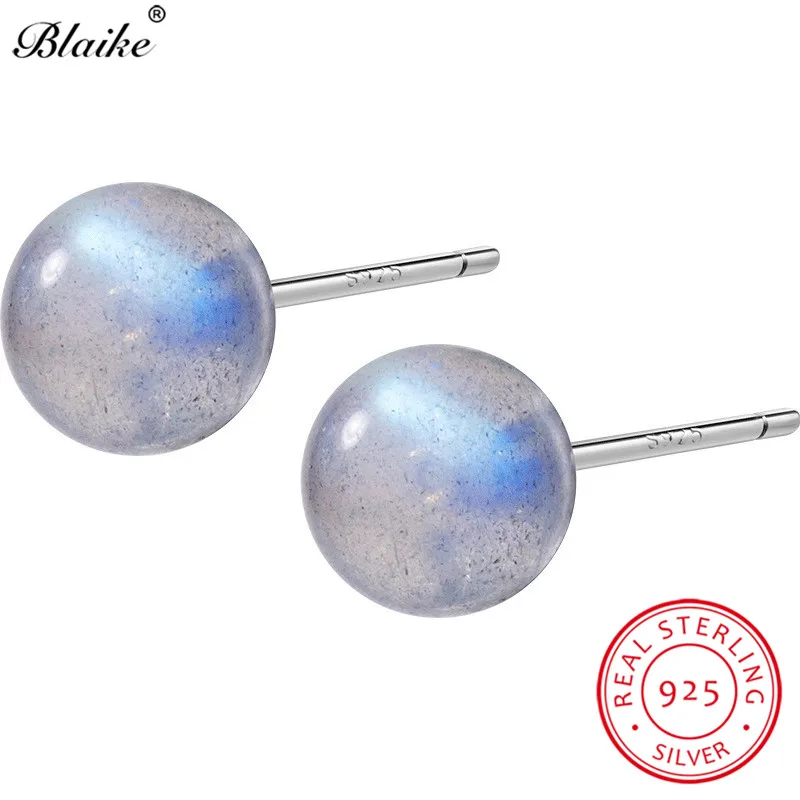 Blaike S925 Стерлинговое серебро круглый шар, серьги со шпилькой, для Для женщин простые серьги с прозрачными кристаллами небольшой женский пирсинг уха ювелирных изделий