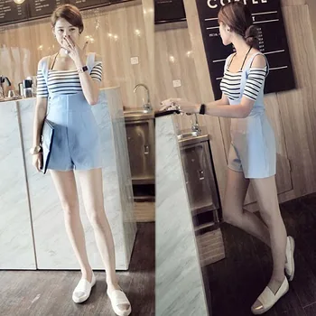 

female solid Streetwear Pleated Overalls + striped Strapless top For Women Candy Color High Waist Zipper Fly short pants