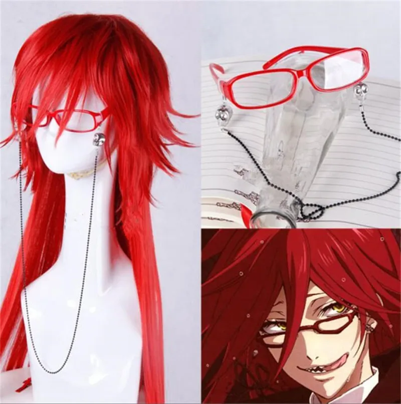 

Kuroshitsuji Black Butler Grell Sutcliff Red Long Straight Heat Resistant Hair Cosplay Costume Wig Skull Chain Glasses A615