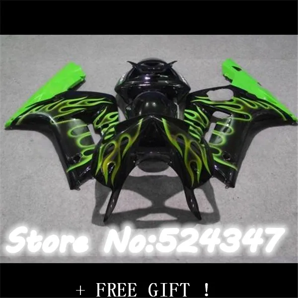 

Injection Free customize fairing kit for 2003 2004 Kawasaki ZX6R Ninja 636 green flames in black ZX636 ZX6R 03 04 Fairings