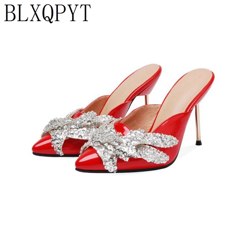 

BLXQPYT Genuine leather Women Summer Slippers Sexy High Heels 9.5cm Pointe Toe wedding Platform Sandals quality shoes woman 62-1