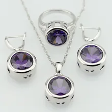 Ronda Púrpura Amethyst Imitado Plateado Joyería de Las Mujeres Conjuntos de Collar Colgante Anillos de Envío Caja de Regalo de la Feliz Navidad