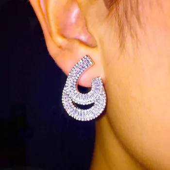 

L2.7*W2.0cm unique AAA cz double layer U curve T Trapezoid stone stud earrings brincos for women ear accessories party