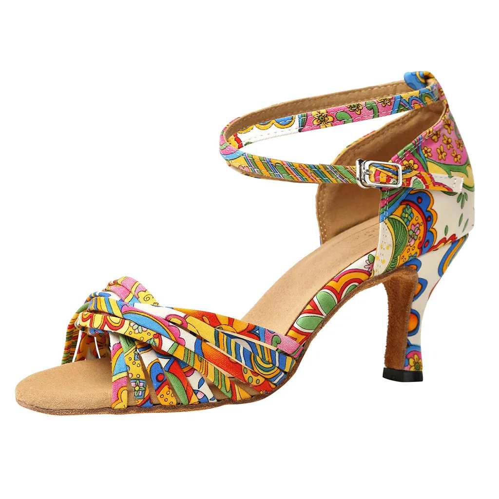 

JAYCOSIN Sandals Women High-Heeled Dance Shoes Printed Satin Latin Dance Cloth Summer Shoes High Heels