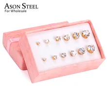 Асон сталь маленькие серьги для женщин Золотое сердце ювелирные изделия из нержавеющей стали 6 пар/кор. кубический цирконий серьги наборы для дам Bijoux