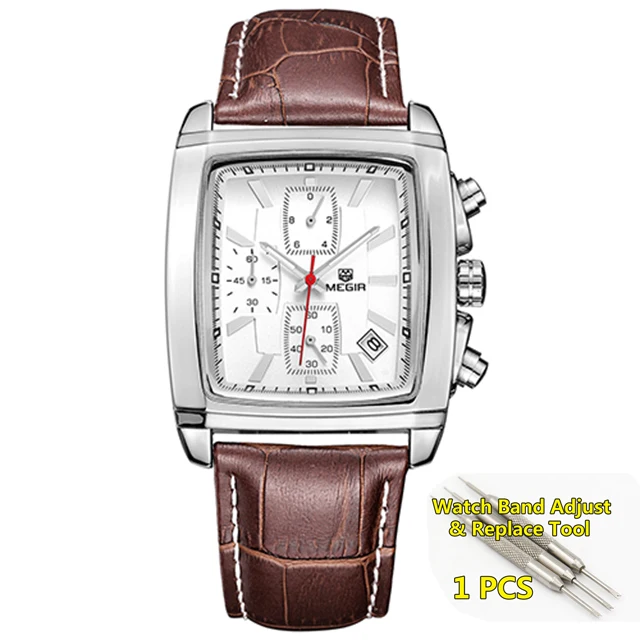 Мужские часы Топ бренд класса люкс MEGIR бизнес квадратные наручные часы мужские кожаные Наручные часы Мужские часы с хронографом мужские - Цвет: white