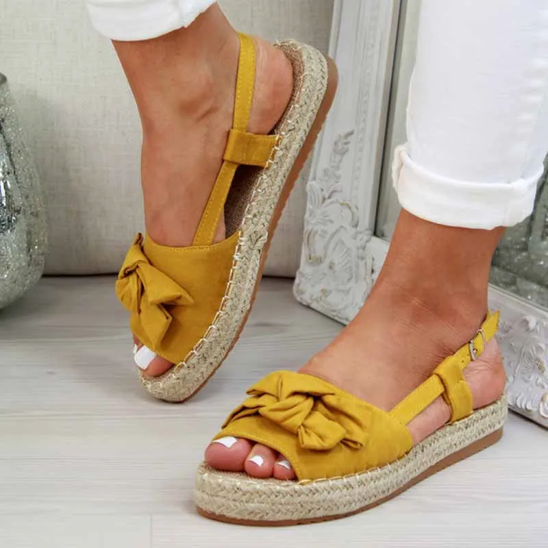 

Sexy Women Sandals Butterfly Knot Flax Platform Ankle Buckle Strap Flats Heel Thick Bottom Peep Toe Beach Sandalia Feminina P02W