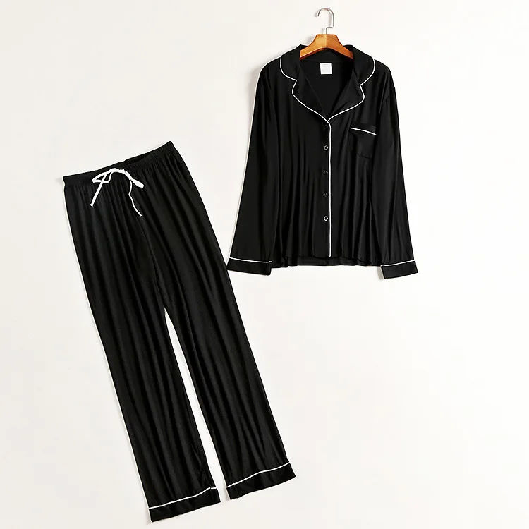 Женская спальная Пижама с отложным воротником, шелковое женское белье с длинными штанами, однотонная Пижама - Цвет: Черный