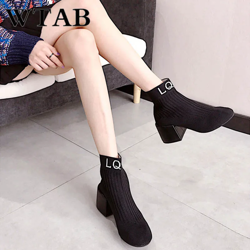 Cheville De Slip on Chaussures Carré jaune Hiver Automne Wtab Noir Femmes Bottes Nouveau 2018 Laine Talon Tricot Mujer Botas Base Boot YPZnZv6z