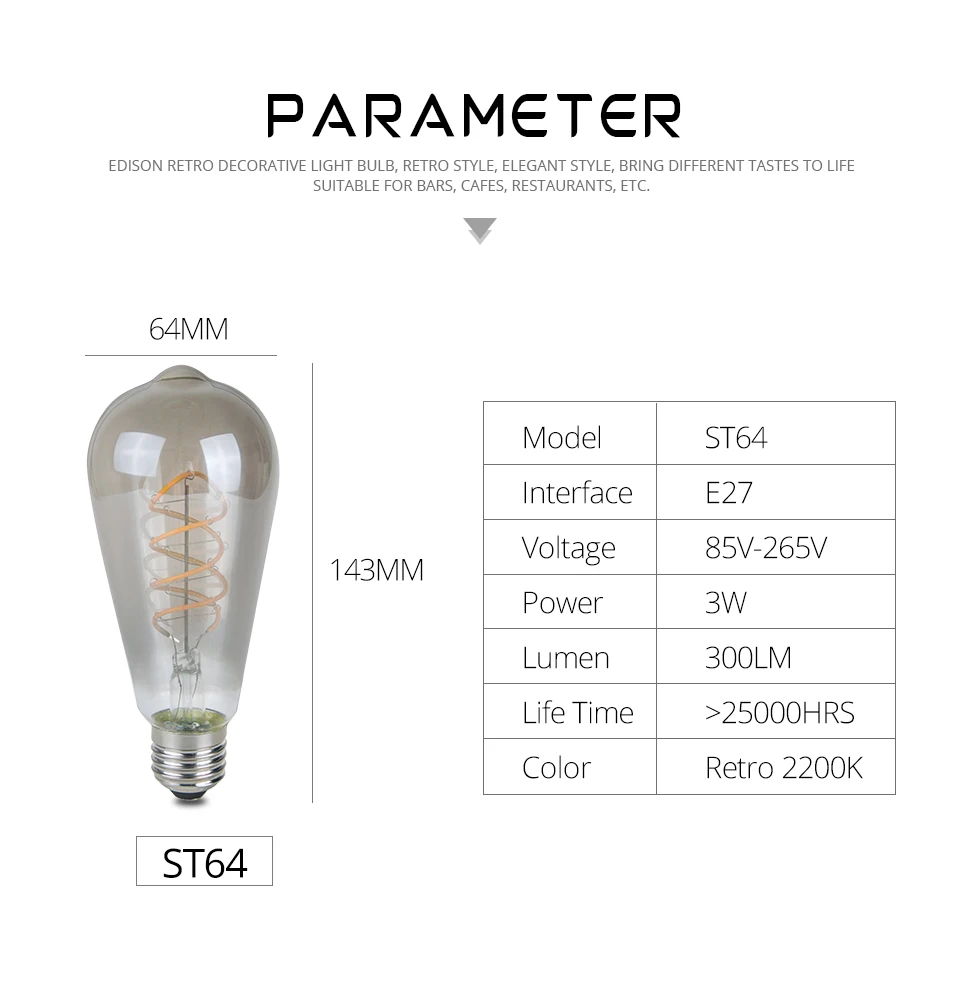 ST64 LED Vintage Edison Bulb Light Lampada Retro Lamp E27 3W Incandescent Bulb Edison Light For Pendant Lamp Decoration (2)