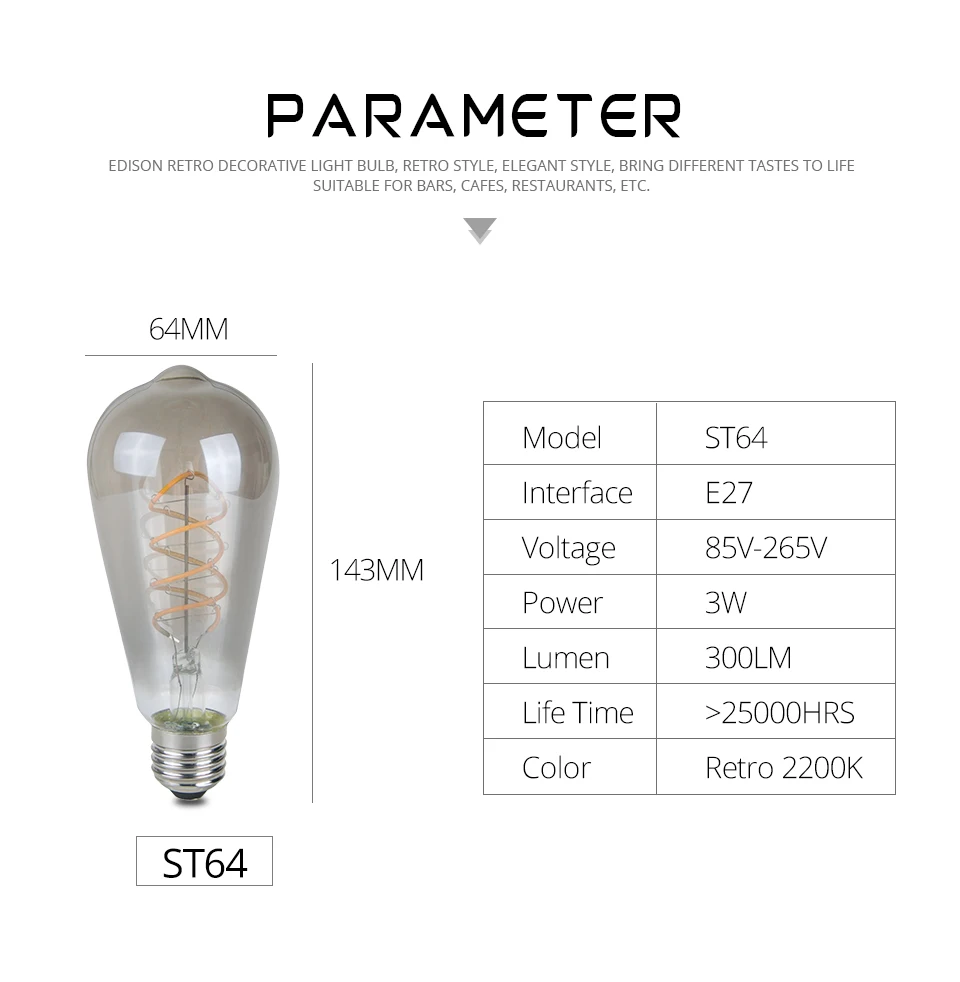Foxanon ST64 светодиодный винтажный ламповый светильник Эдисона, лампада, Ретро лампа E27 3 Вт, лампа накаливания, спиральный светильник накаливания для украшения кулона