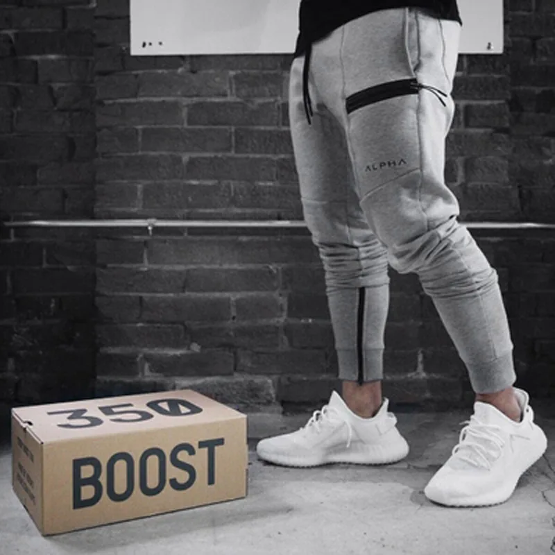 

HOT 2019 Outdoor GYM Training Zipper Elastic Muscle fitness men's cargo sweatpants Jogging Running bodybuilding beam foot pants