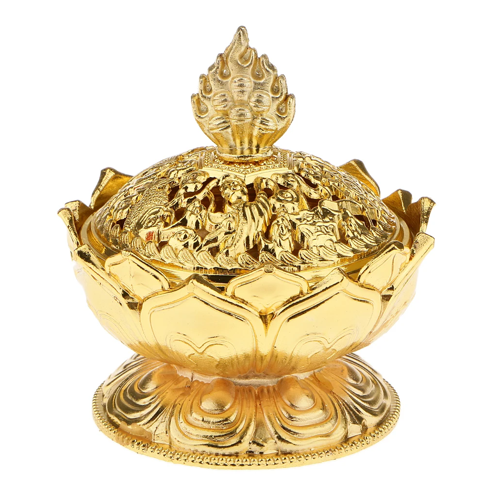 Vintage Lotus Flower Stick Cone Holder Backflow Incense Burner w/ Lid Golden