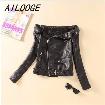 

AILOOGE New Autumn Winter Women Sexy Slash Neck Off Shoulder Short Faux Leather Plub Wear Biker jackets belted Inclined Zipper