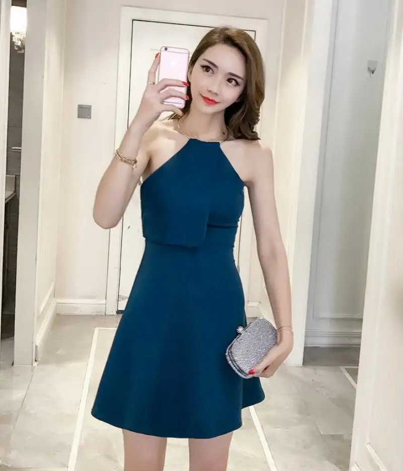 Summer new sexy back dress  metal ring hanging neck slim Asleeveless skirt 2018 Free Shipping