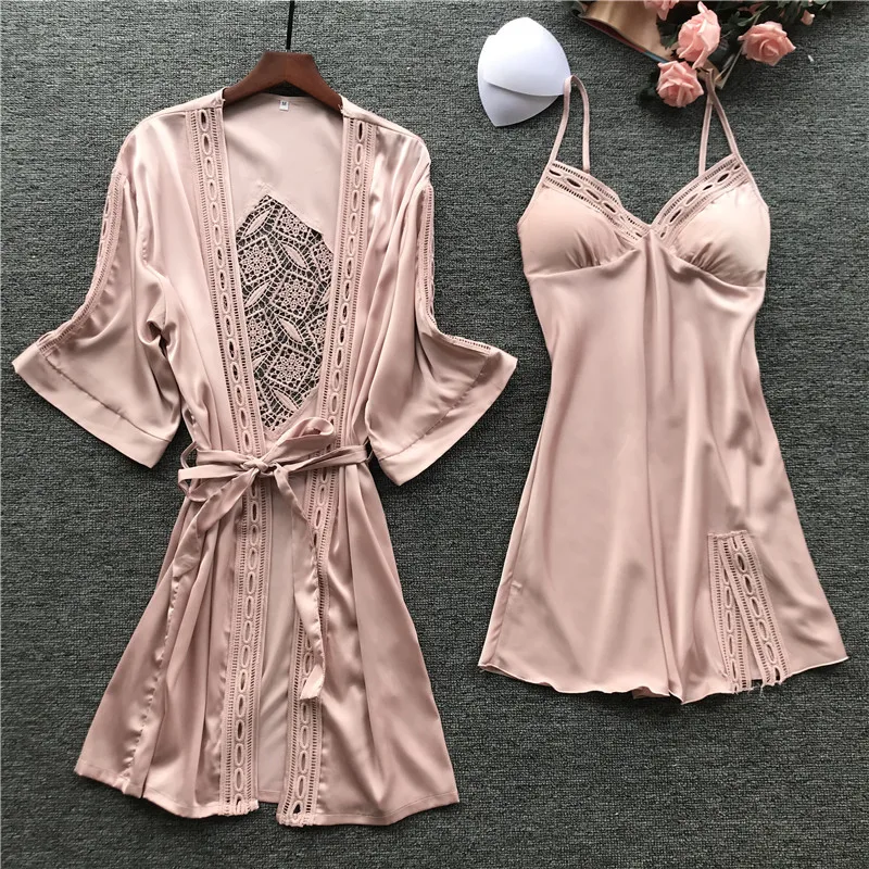 

Sexy Women's Robe Nightgown Sets Lace Bathrobe+Night Dress 2 pcs Sleepwear Womens Pyjama Faux Silk Robe Femme Sleep Lounge Set