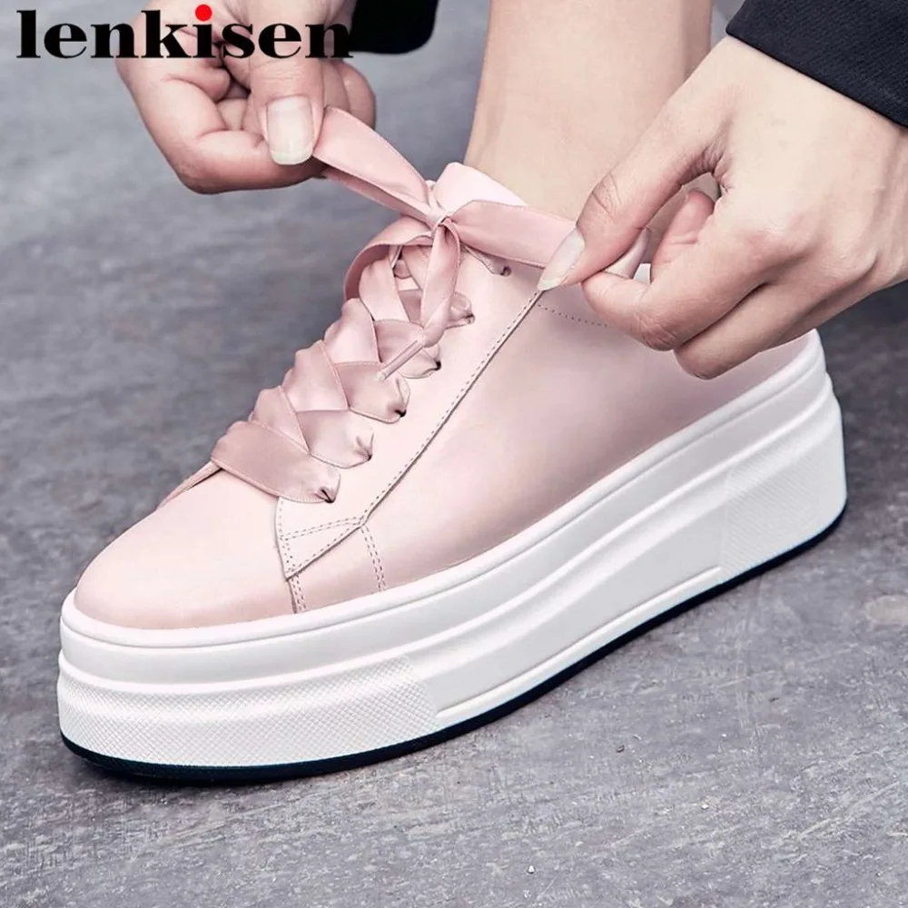 

Gorgeous riband casual shoes round toe high bottom lace up loafers genuine leather breathable sneakers vulcanized shoes L6f3