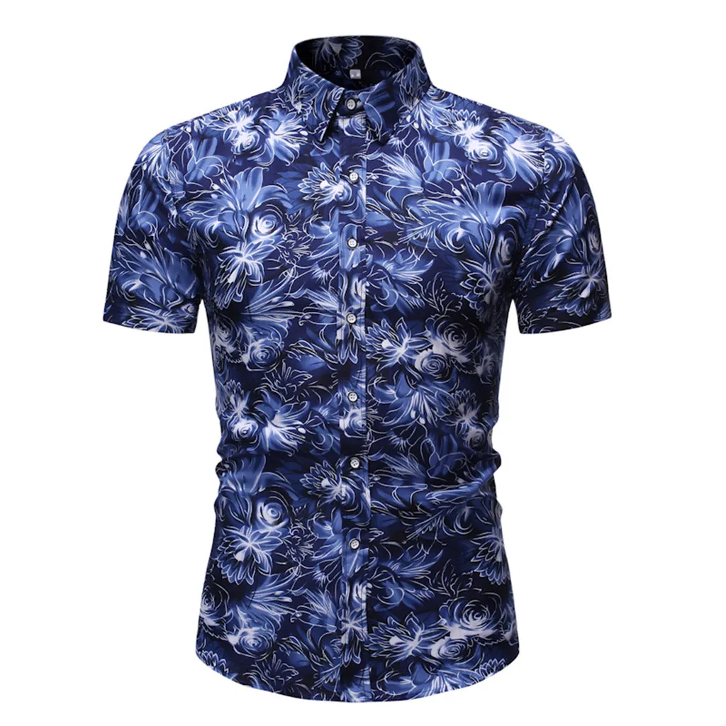 Летняя рубашка с коротким рукавом Гавайская Мужская рубашка Повседневная пляжная блуза с отложным воротником и принтом Топ уличная Camisa