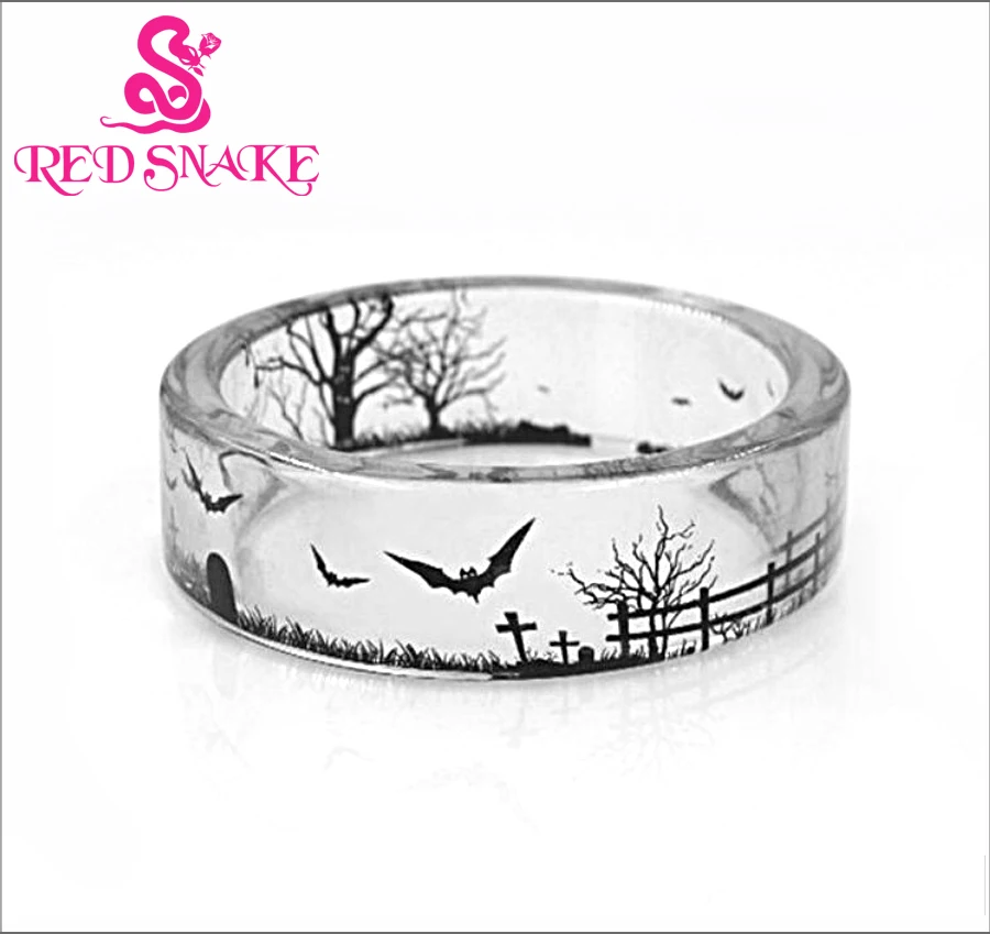 

RED SNAKE Hot Sale Fashion Halloween style Handmade Transparent Bat Castle Ring Trees Scenery Inside Epoxy Resin Women Men Rings