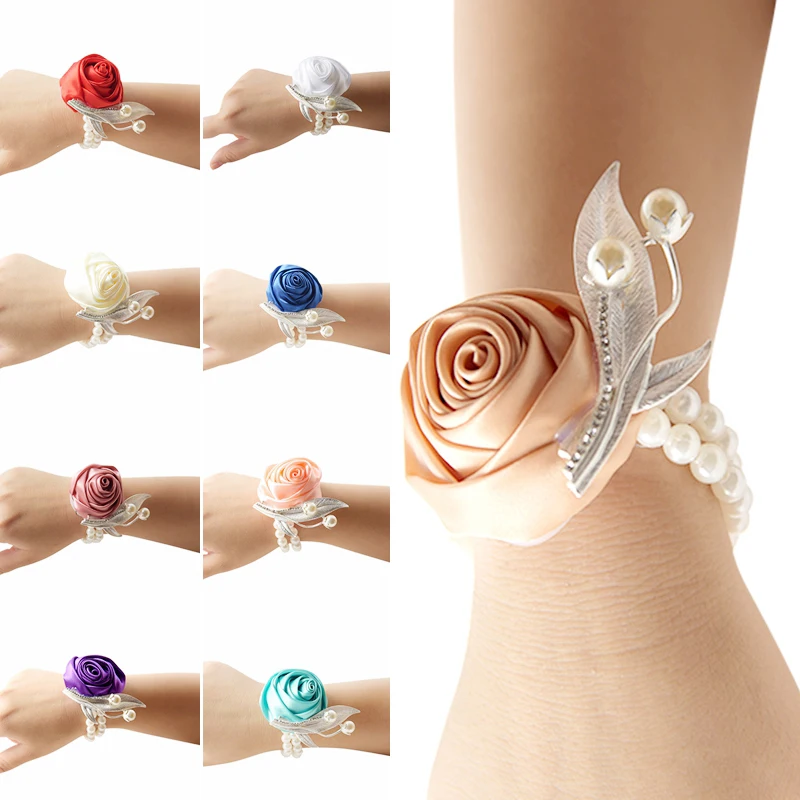 

2019 New Prom Flower Corsage Bracelet Satin Rose Wrist Corsage Bridal Hand Flower Pearl Brooch Wedding Wrist Band