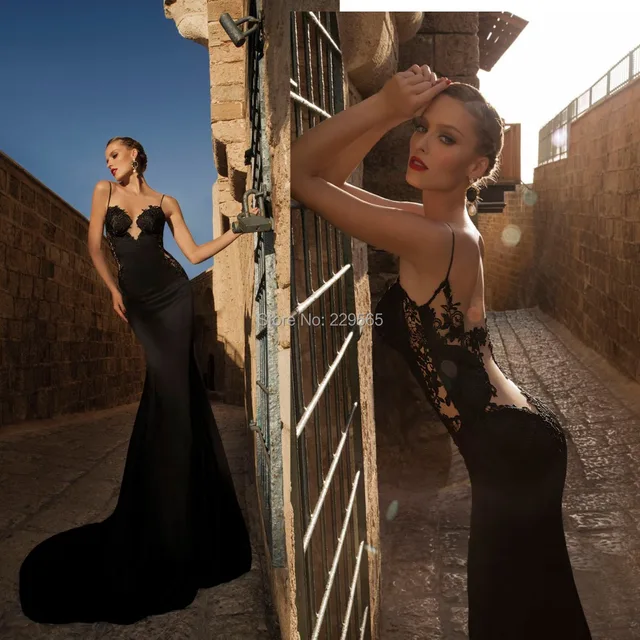 Backless Black Satin Mermaid Evening Dress With Lace Appliques Haute ...