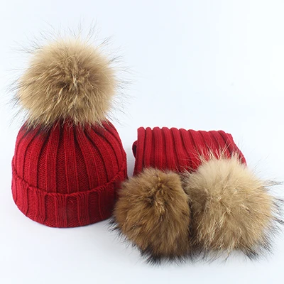 wine red set Детский реальный меховой помпон Вязание шапочки шапки шарфы комплект костюм мальчики мальчики шапки шарф зима теплая - Цвет: wine red set